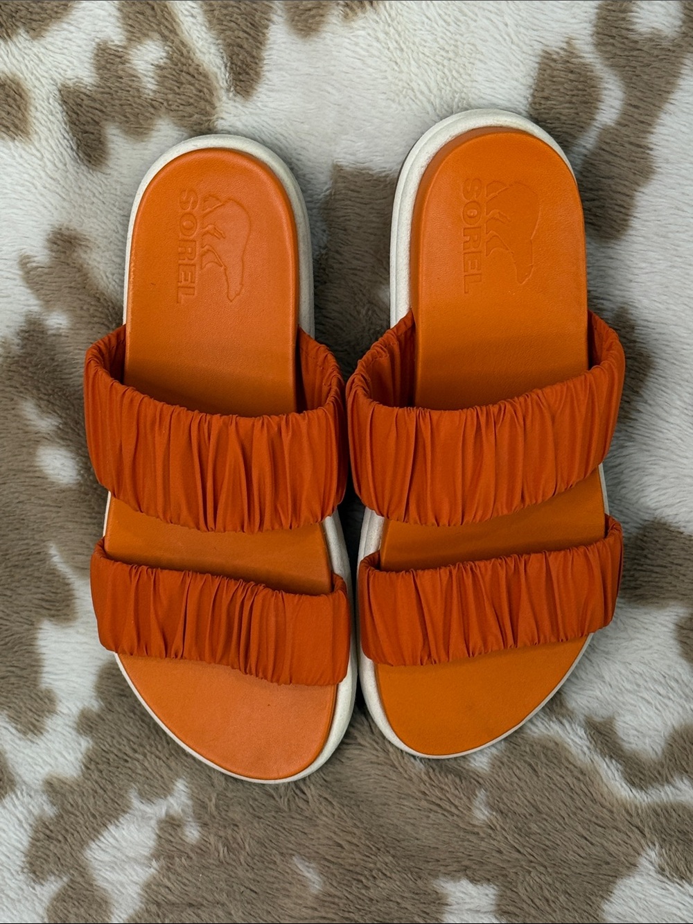 Sorel Orange Dual Ruched-Strap Slide Sandals